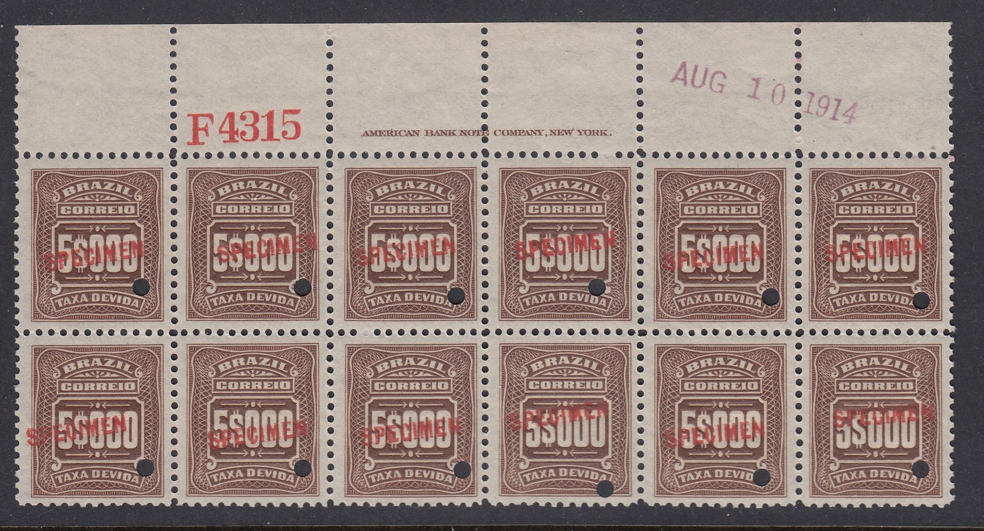 Brazil 1910 5000r Chocolate Postage Due Specimen ABNC Imprint Block x 12 MNH. Scott J40 var