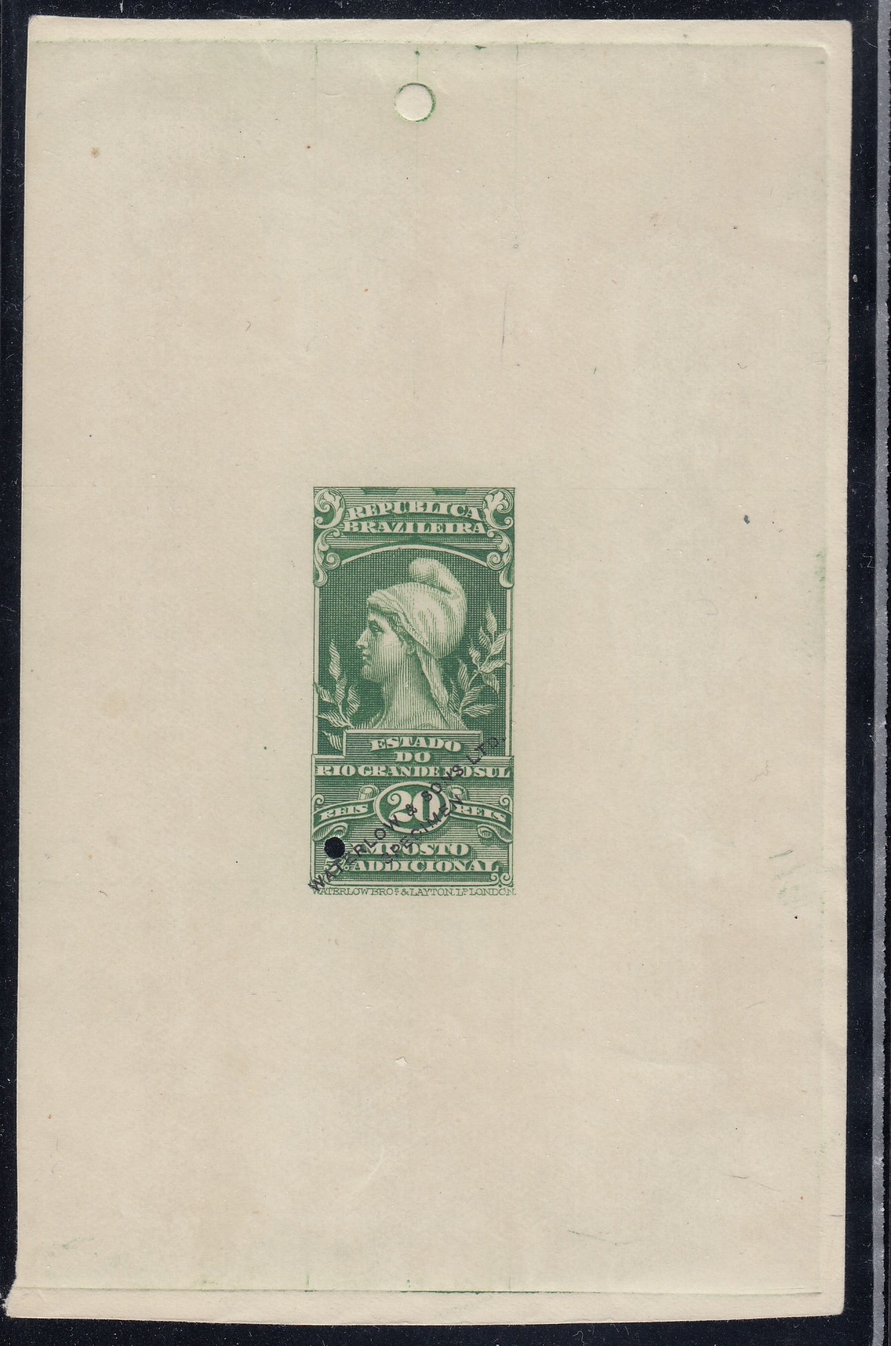 Brazil 1910 20r Green Rio Grande Do Sul Adicional Fiscal Waterlow Colour Trial Specimen Sunken Die Proof. Barata 6 var