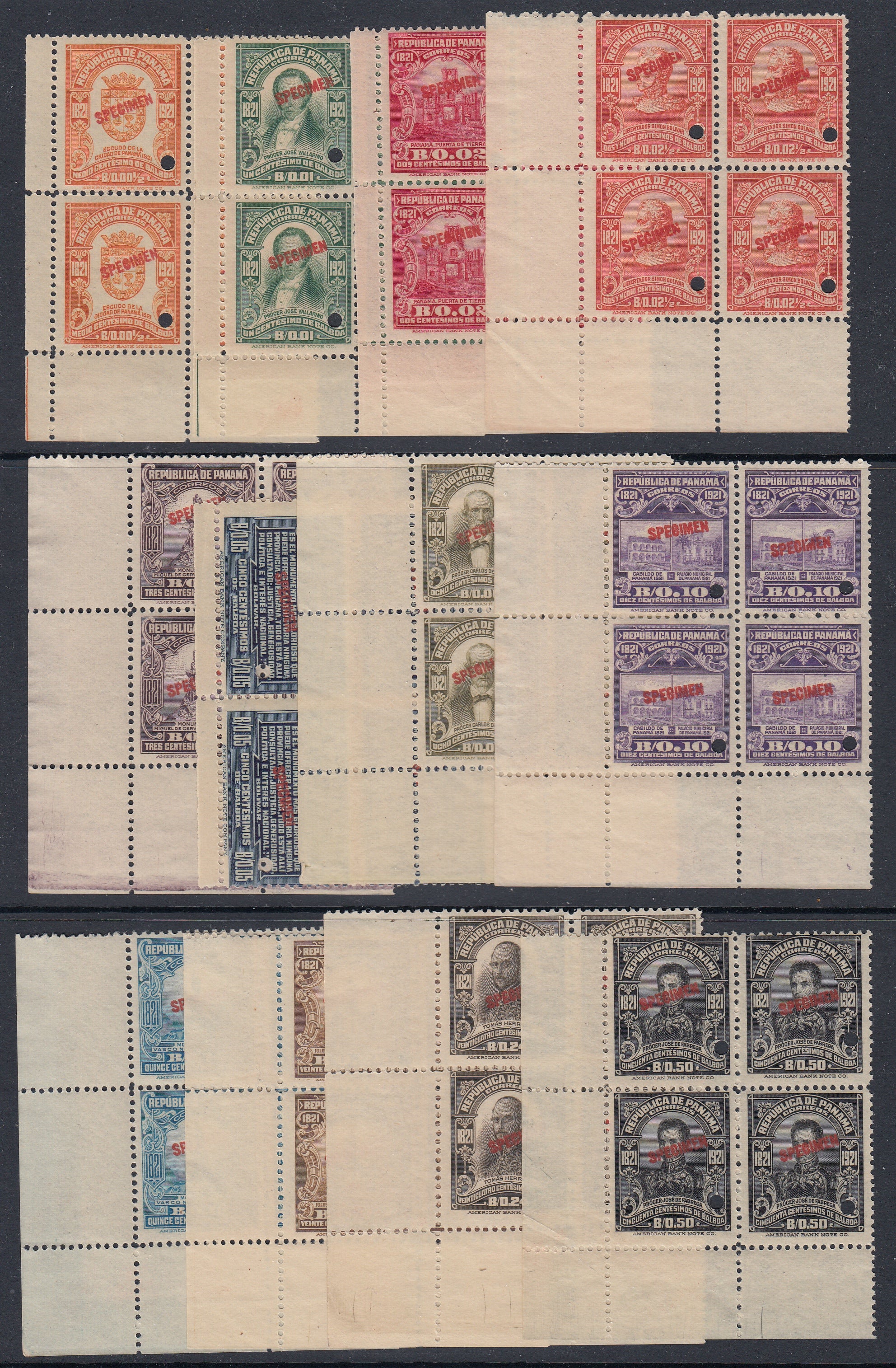 Panama 1921 Centenary Specimen Complete Set Marginal Blocks MNH. Scott 220-231 var