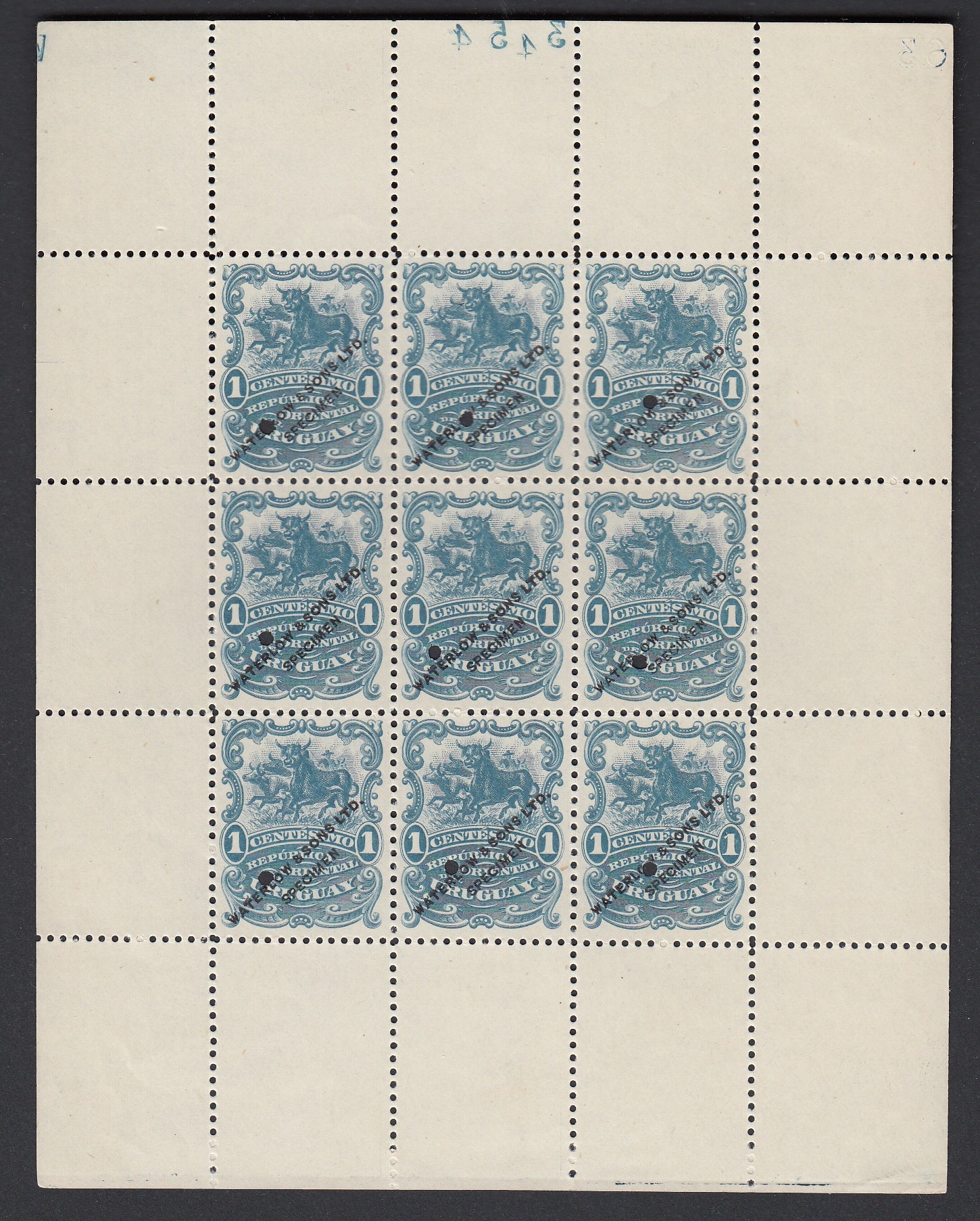 Uruguay 1900-10 1c Dull Blue Waterlow Specimen Colour Trial Sheet of Nine. Scott 153 var
