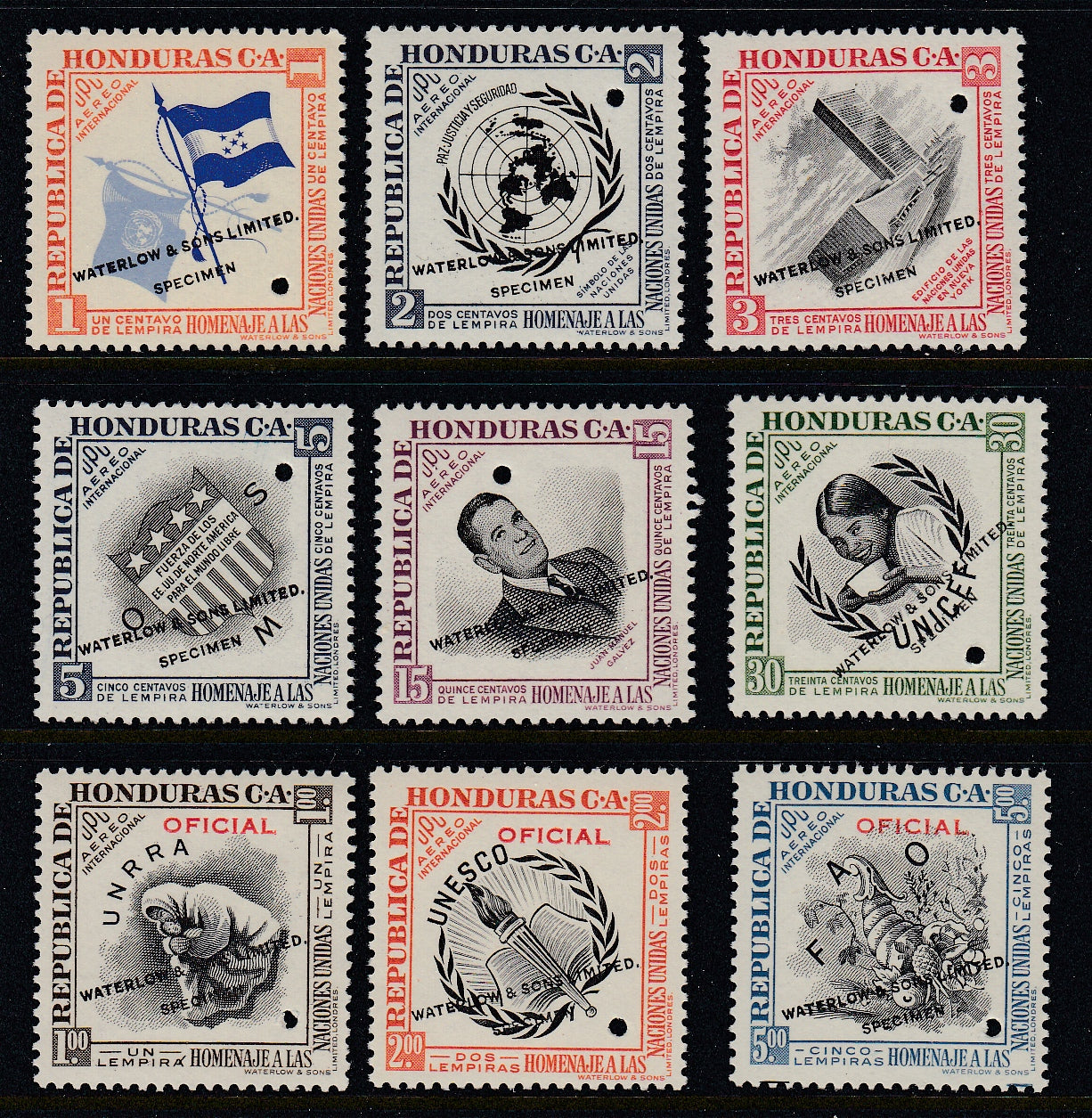 Honduras 1953 United Nations Waterlow Specimen Complete Set MNH. Scott C222-227 var & CO66-68 var
