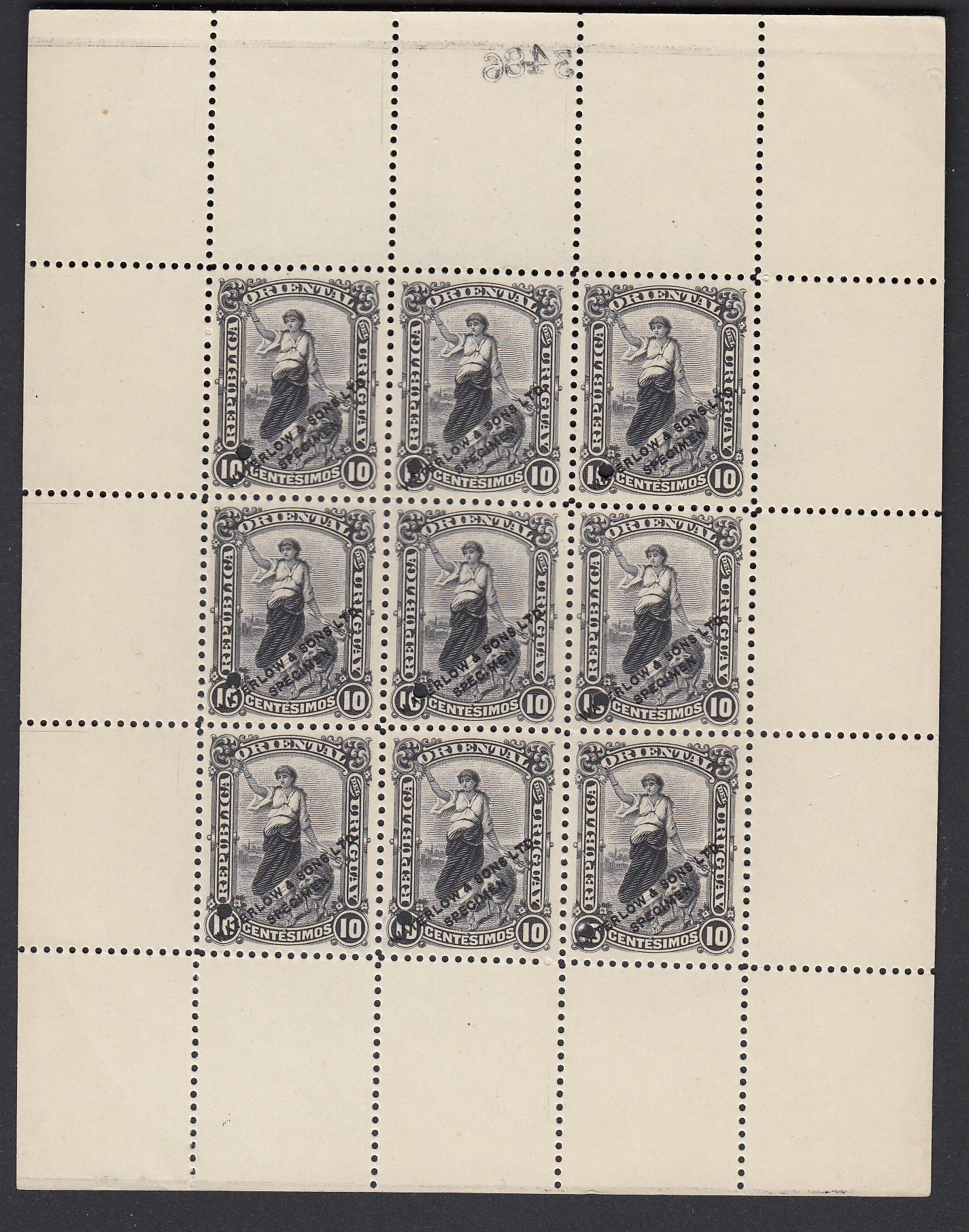 Uruguay 1900-10 10c Black Waterlow Specimen Colour Trial Sheet of Nine. Scott 156 var
