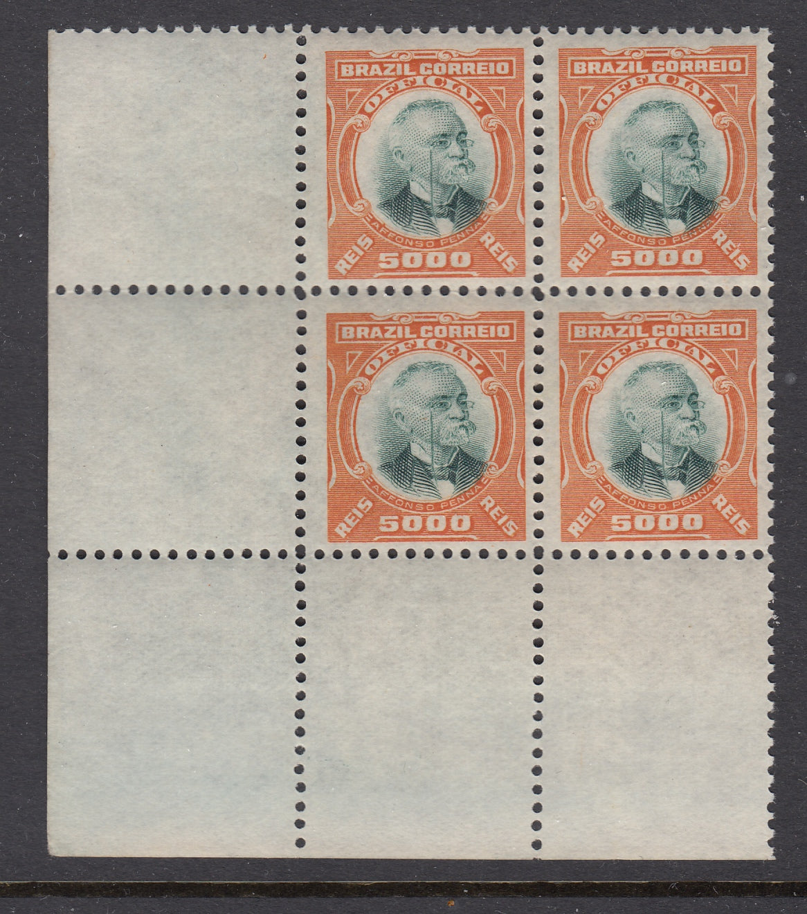 Brazil 1906 5000r Orange & Green Penna Official Corner Block MNH. Scott O12