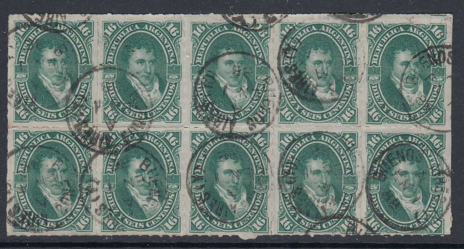 Argentina 1878 16c Green Belgrano Rouletted Block x 10 Used. Scott 35