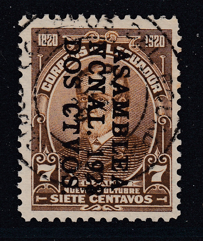 Ecuador 1928 2c on 7c Brown Asamblea Ncnal Overprint Used. Scott 282