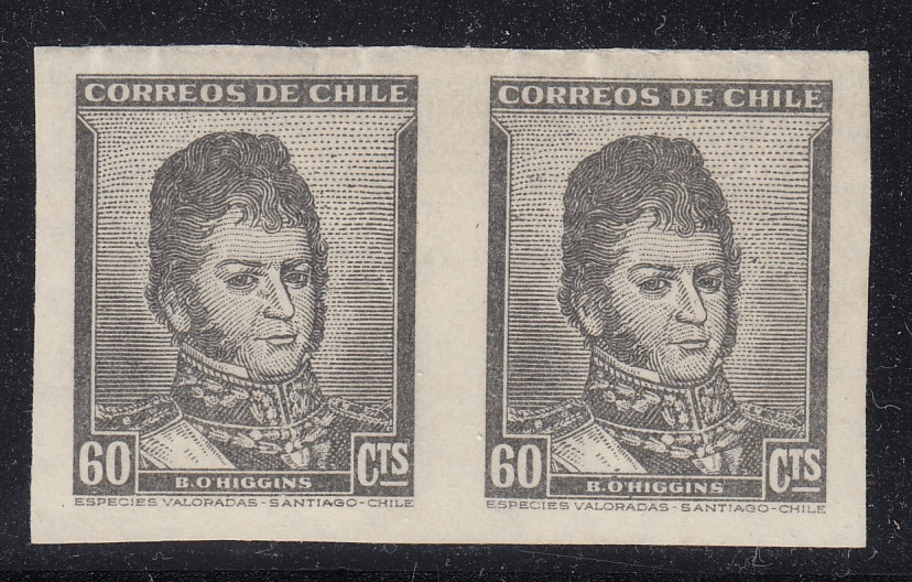 Chile 1948 60c Black O'Higgins Imperf Pair LM Mint. Scott 252 var, SOFICH 403t