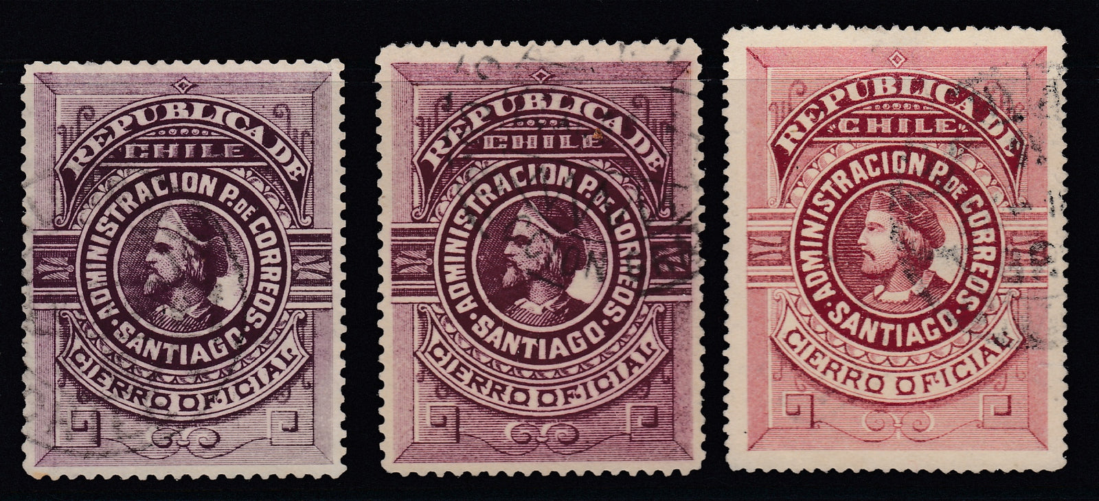 Chile 1894 Santiago Cierro Oficial x 3 Varieties Used. SOFICH CO6, CO7, CO8