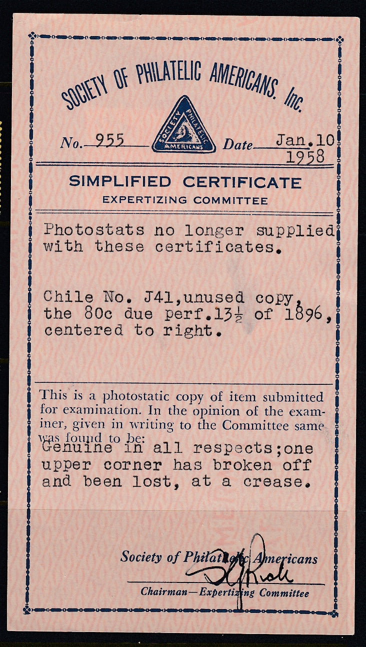 Chile 1896 80c Red on Straw Postage Due M Mint. Scott J41