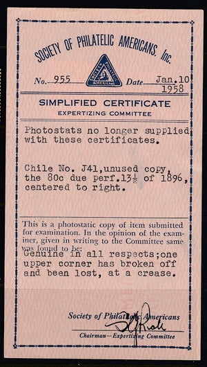 Chile 1896 80c Red on Straw Postage Due M Mint. Scott J41