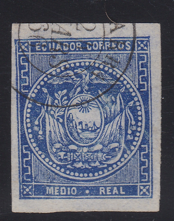Ecuador 1865-72 Medio Real Ultramarine with 1866 Ibarra Cancel Used. Scott 2
