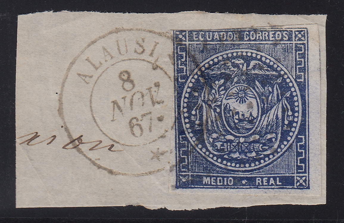 Ecuador 1865-72 Medio Real Ultramarine on Piece with Alausi Cancel Used. Scott 2