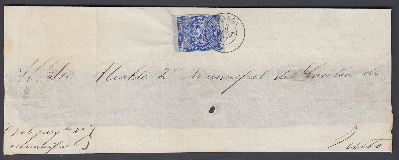 Ecuador 1865-72 Medio Real Ultramarine on Wrapper with Ibarra Cancellation