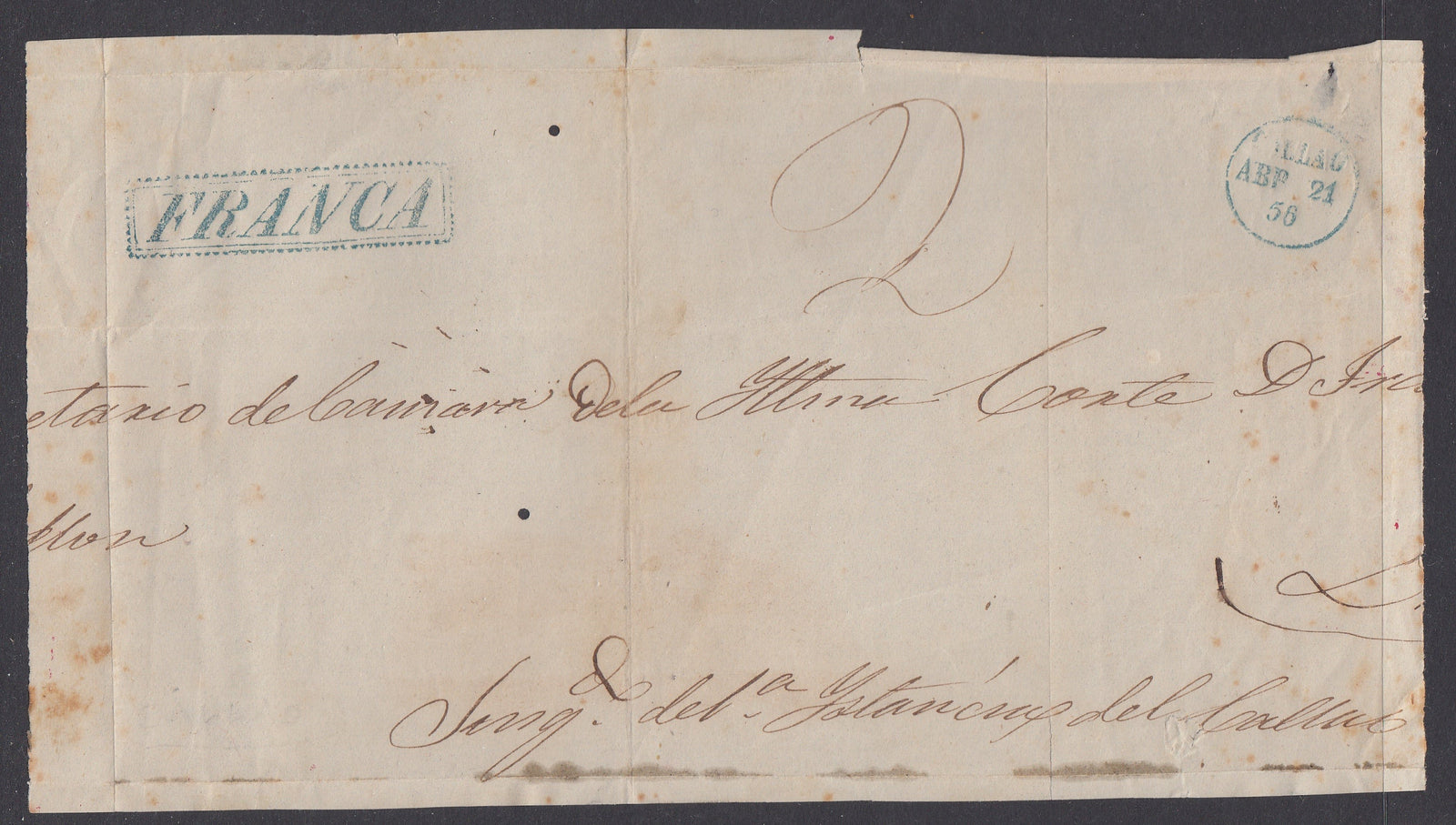Peru 1856 Pre-Philatelic Front Cover, Callao CDS with Franca Boxed Cancel