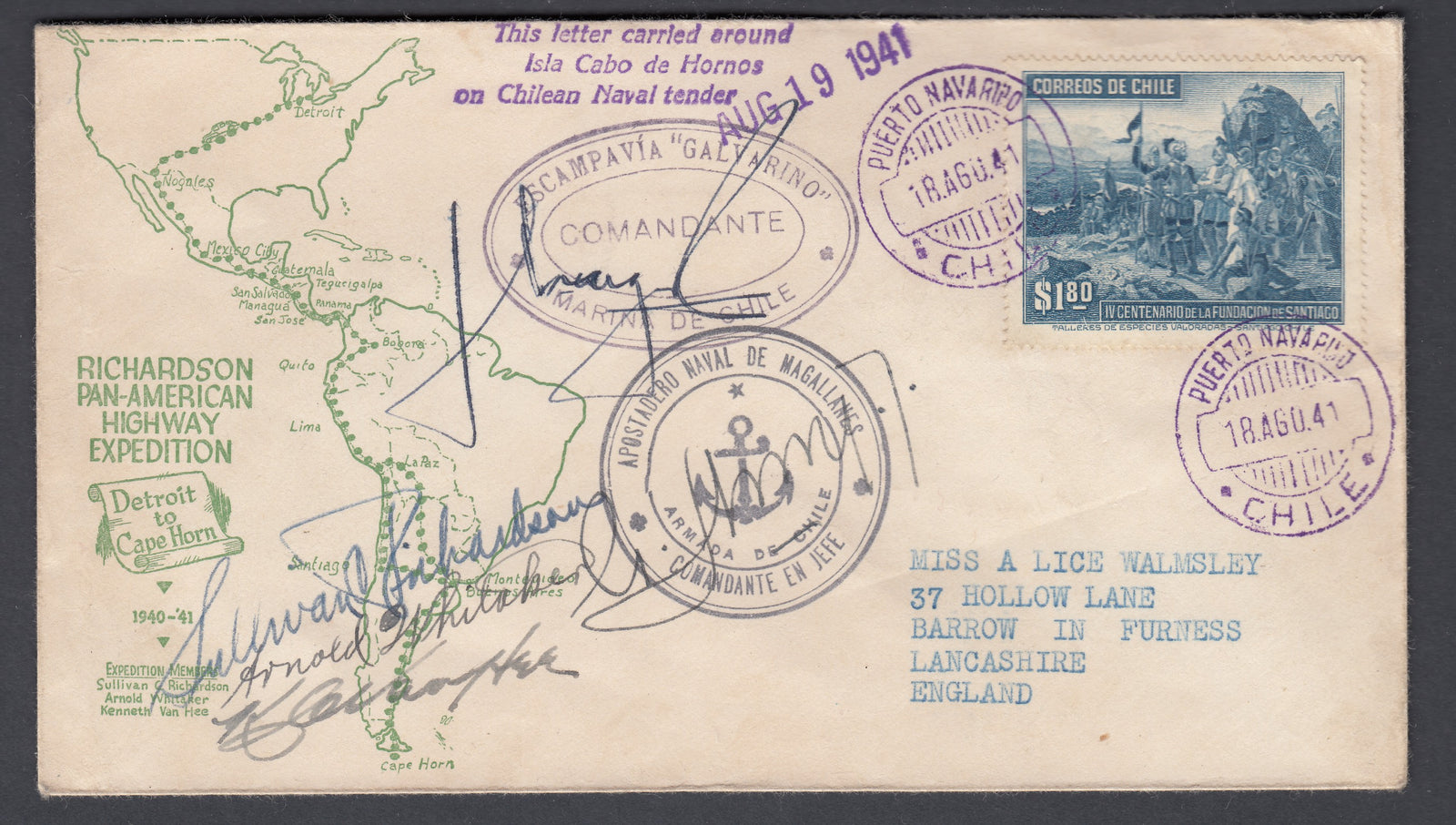 Chile 1941 Richardson Pan American Highway Expedition Cover, Cape Horn to England with Six Signatures