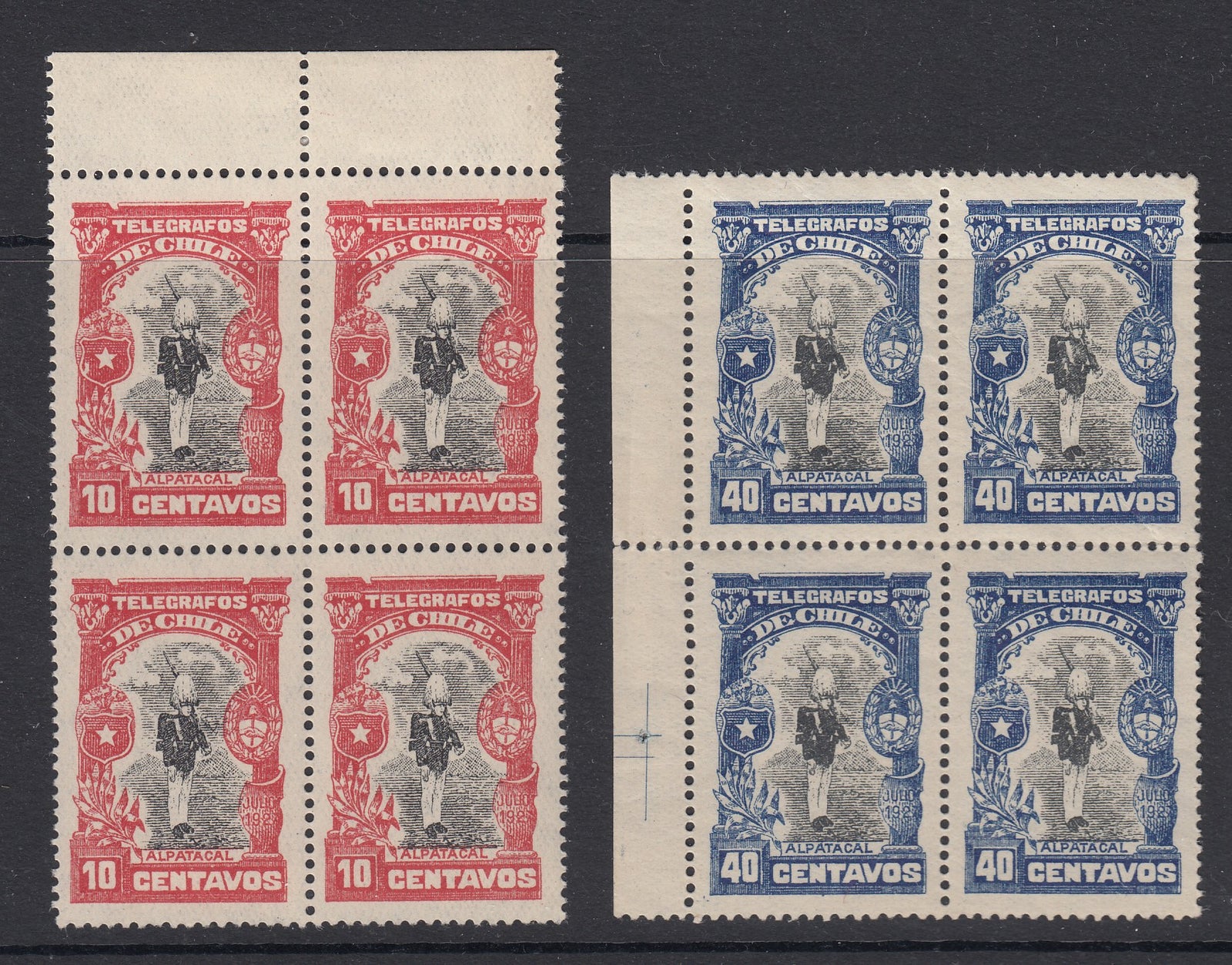 Chile 1927 10c & 40c Alpatacal Telegraph Marginal Blocks MNH. Hiscocks 19-20