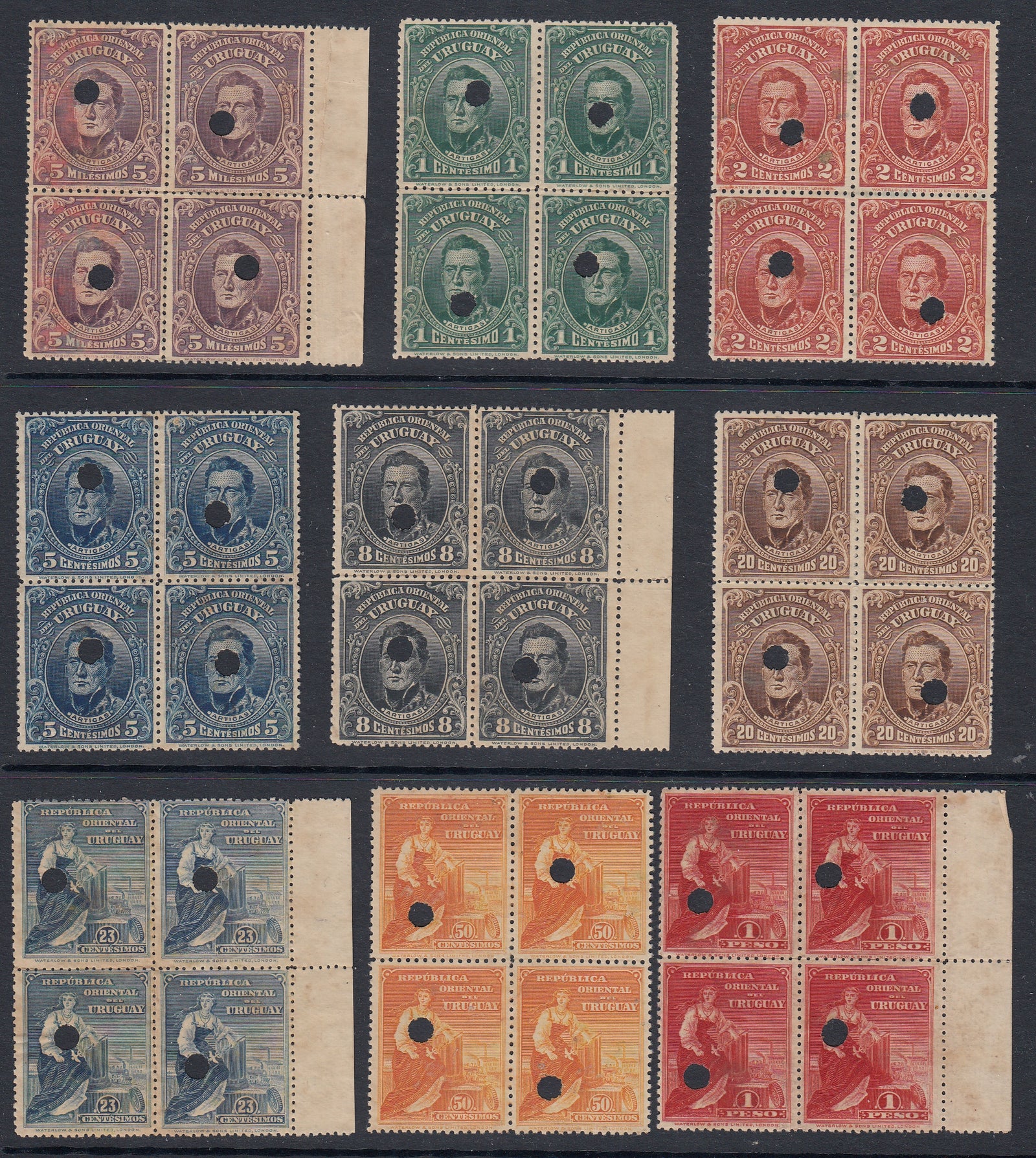 Uruguay 1910 Complete Set Waterlow File Copy Proof Blocks. Scott 187-195 var