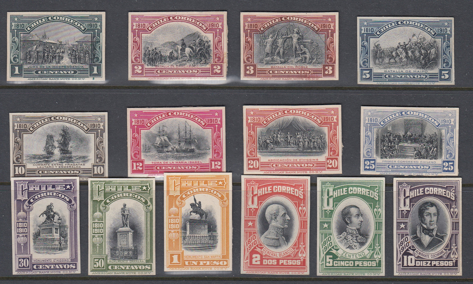 Chile 1910 Independence Centenary (Near) Complete Set of Plate Proofs. Scott 83-97 var