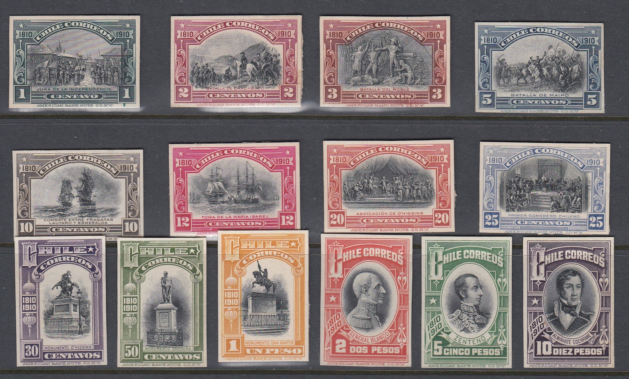 Chile 1910 Independence Centenary (Near) Complete Set of Plate Proofs. Scott 83-97 var