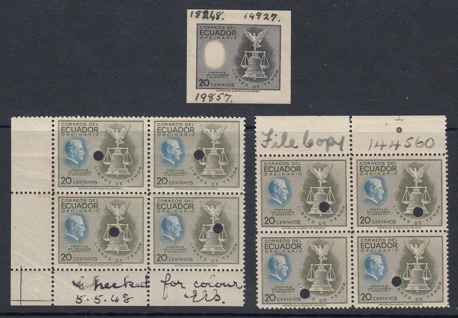 Ecuador 1948 20c Intermediate Die Proof + Printer's File Copy Proofs. Scott 510 var
