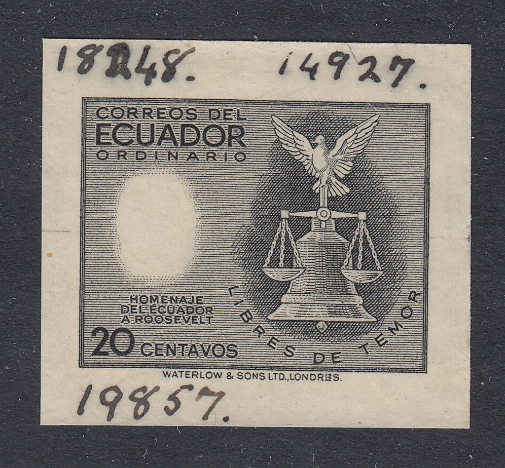 Ecuador 1948 20c Intermediate Die Proof + Printer's File Copy Proofs. Scott 510 var