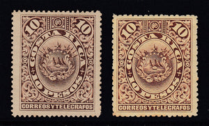 Costa Rica 1892 Coat of Arms 10p Brown M Mint. Scott 44 & 44a