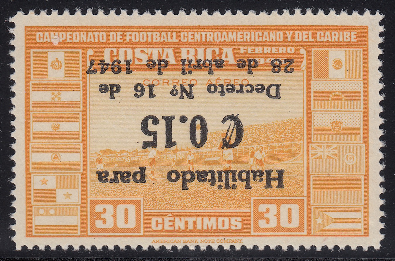 Costa Rica 1947 15c on 30c Football Inverted Surcharge MNH. Scott C146.