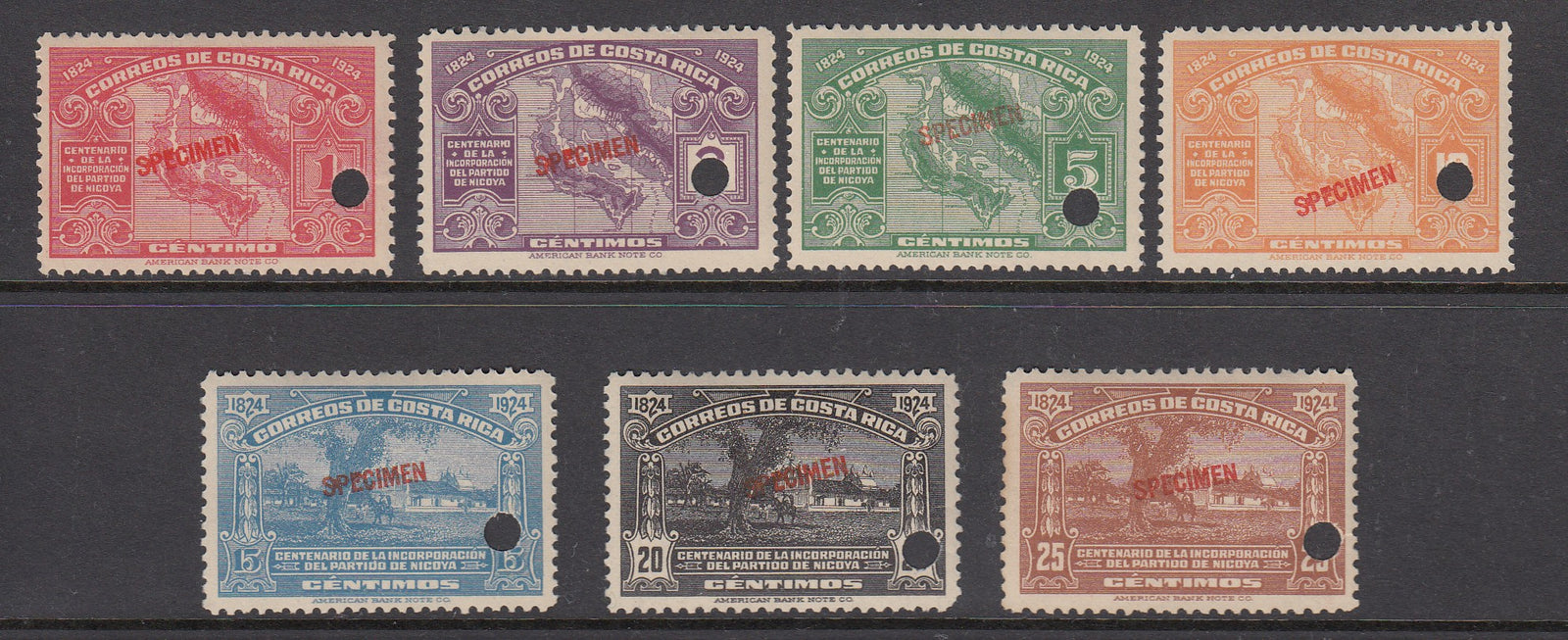 Costa Rica 1924 Complete Specimen Set MNH. Scott 129-135