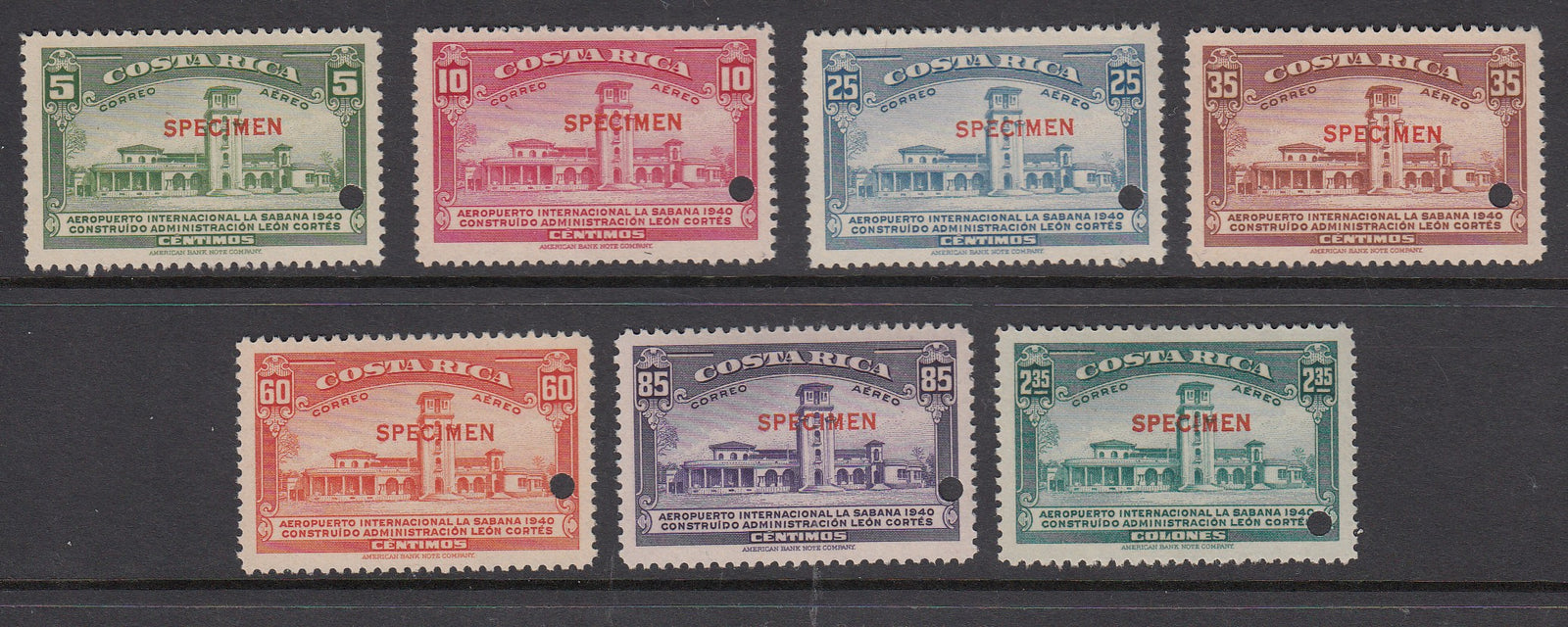 Costa Rica 1940 La Sabana Airport Complete Specimen Airmail Set MNH. Scott C39-C45