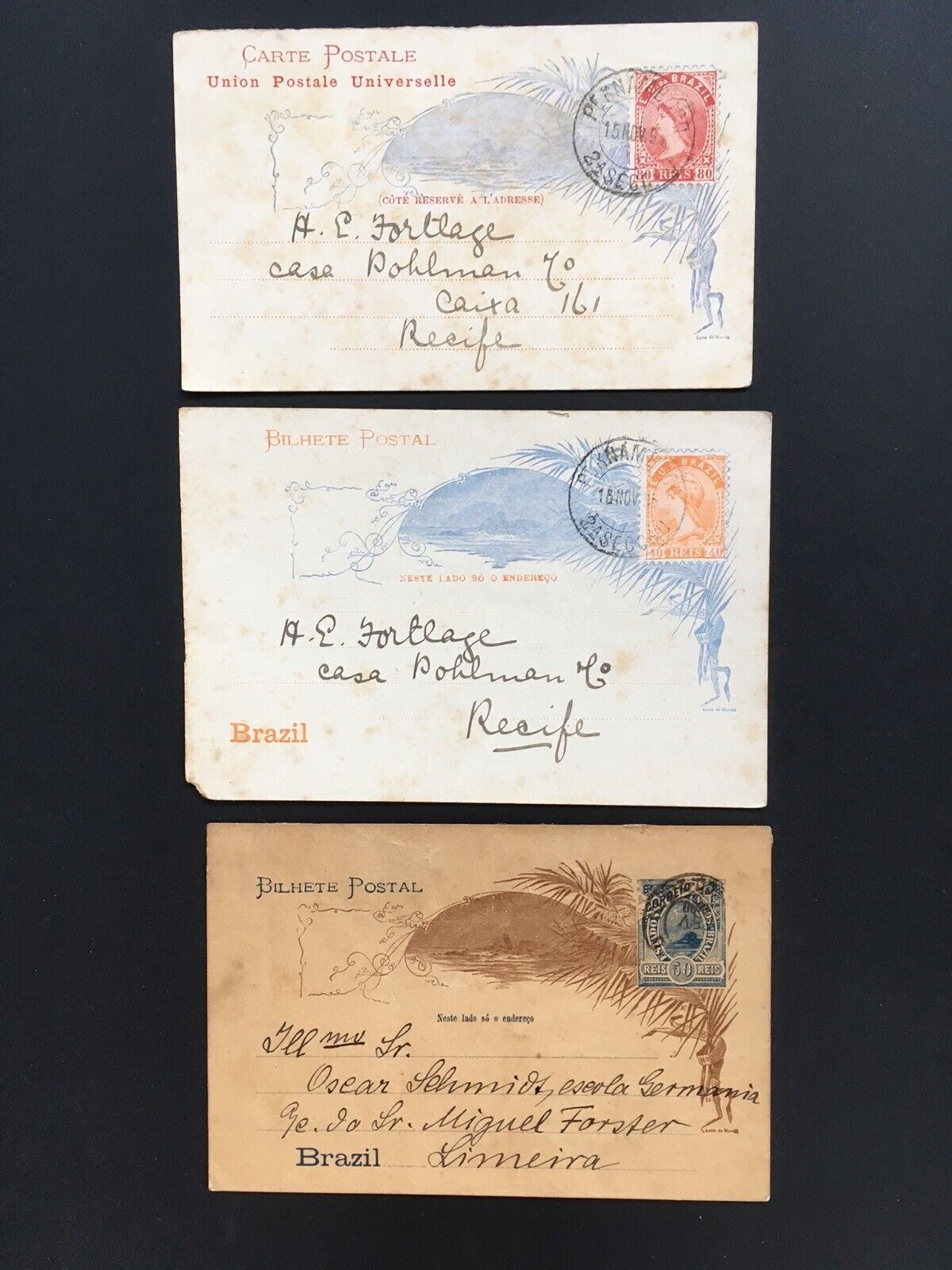 Brazil 1890’s Postal Stationery Cards x 3 Used. 40r, 50r and 80r Values