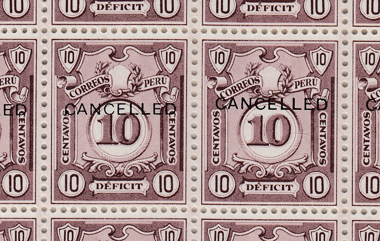 Peru 1932 10c Violet Brown Postage Due O/P Cancelled x 100 Sheet MNH. Scott J52