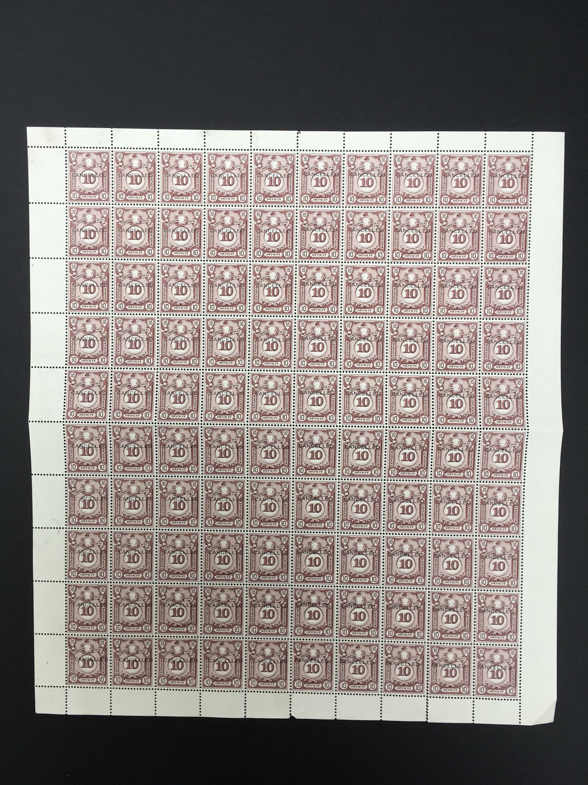 Peru 1932 10c Violet Brown Postage Due O/P Cancelled x 100 Sheet MNH. Scott J52