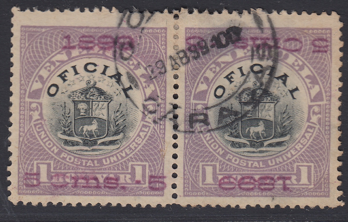 Venezuela 1899 5c on 1b Magenta o/p Invert Pair. Used. Scott O7a