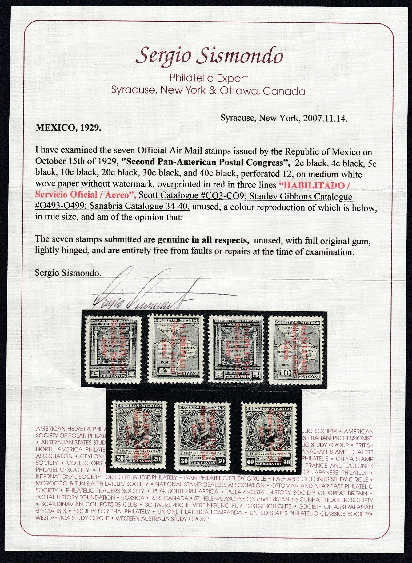 Mexico 1929 Airmail Officials Full Set VLM Mint with Certificate. Scott CO3-CO9