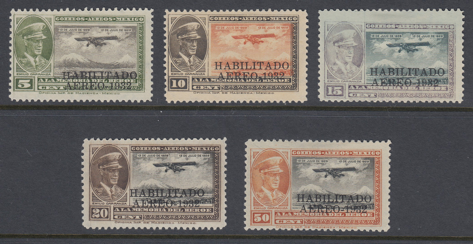 Mexico 1932 Habilitado Aereo Surcharge Complete Airmail Set LM Mint. Scott C40-C44