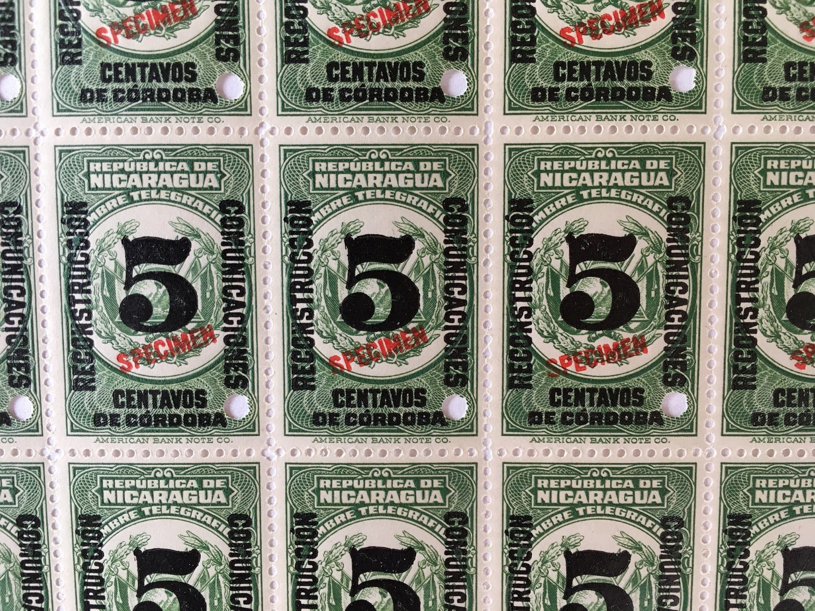 Nicaragua 1936 5c Green & Black Revenue Specimen Sheet x 50 MNH. Sct 649, 650, RA53 var