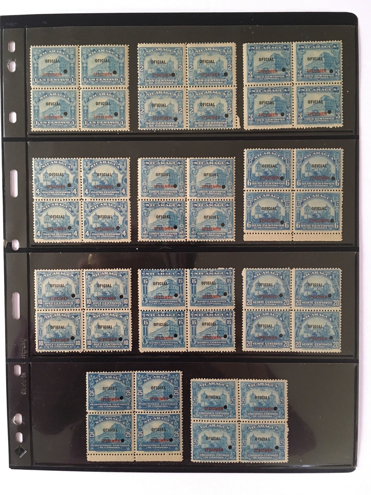 Nicaragua 1915 Officials Complete Specimen Set in Blocks MNH. Scott O260-O270