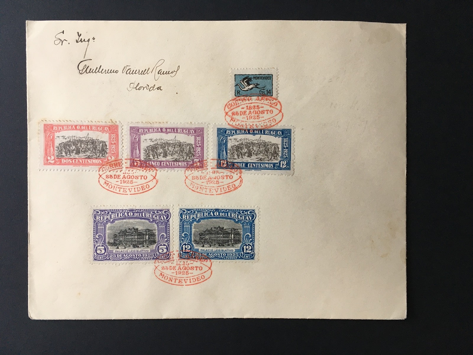 Uruguay 1925 Montevideo-Florida First Flight Airmail Registered Cover