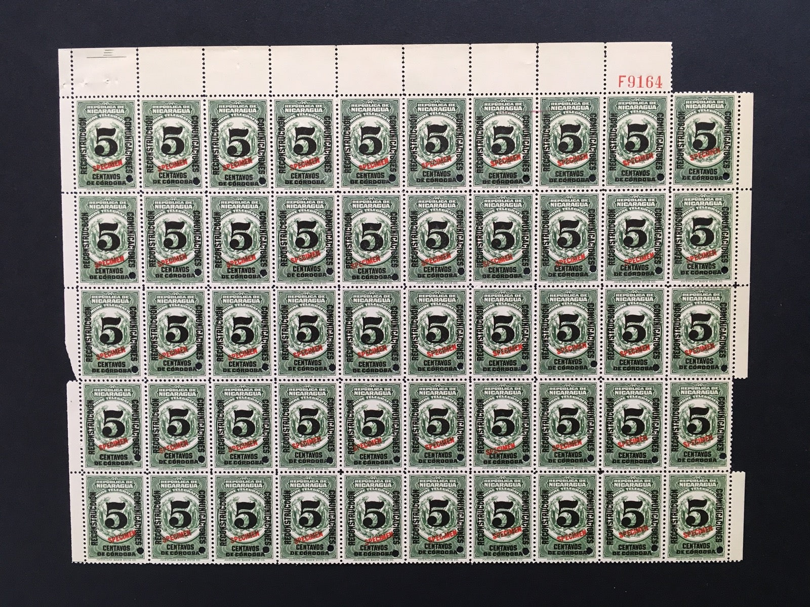 Nicaragua 1936 5c Green & Black Revenue Specimen Sheet x 50 MNH. Sct 649, 650, RA53 var