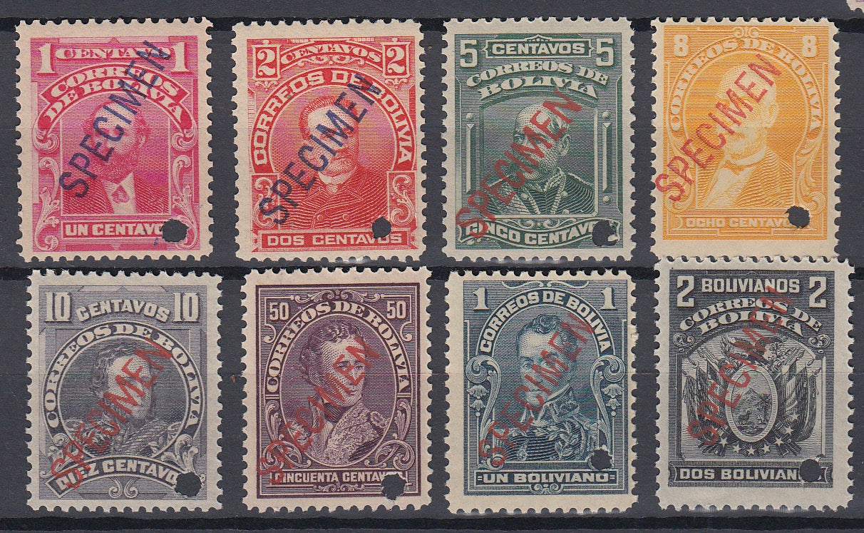 Bolivia 1913 Complete Set with Specimen overprint. MNH. Scott 103-110var