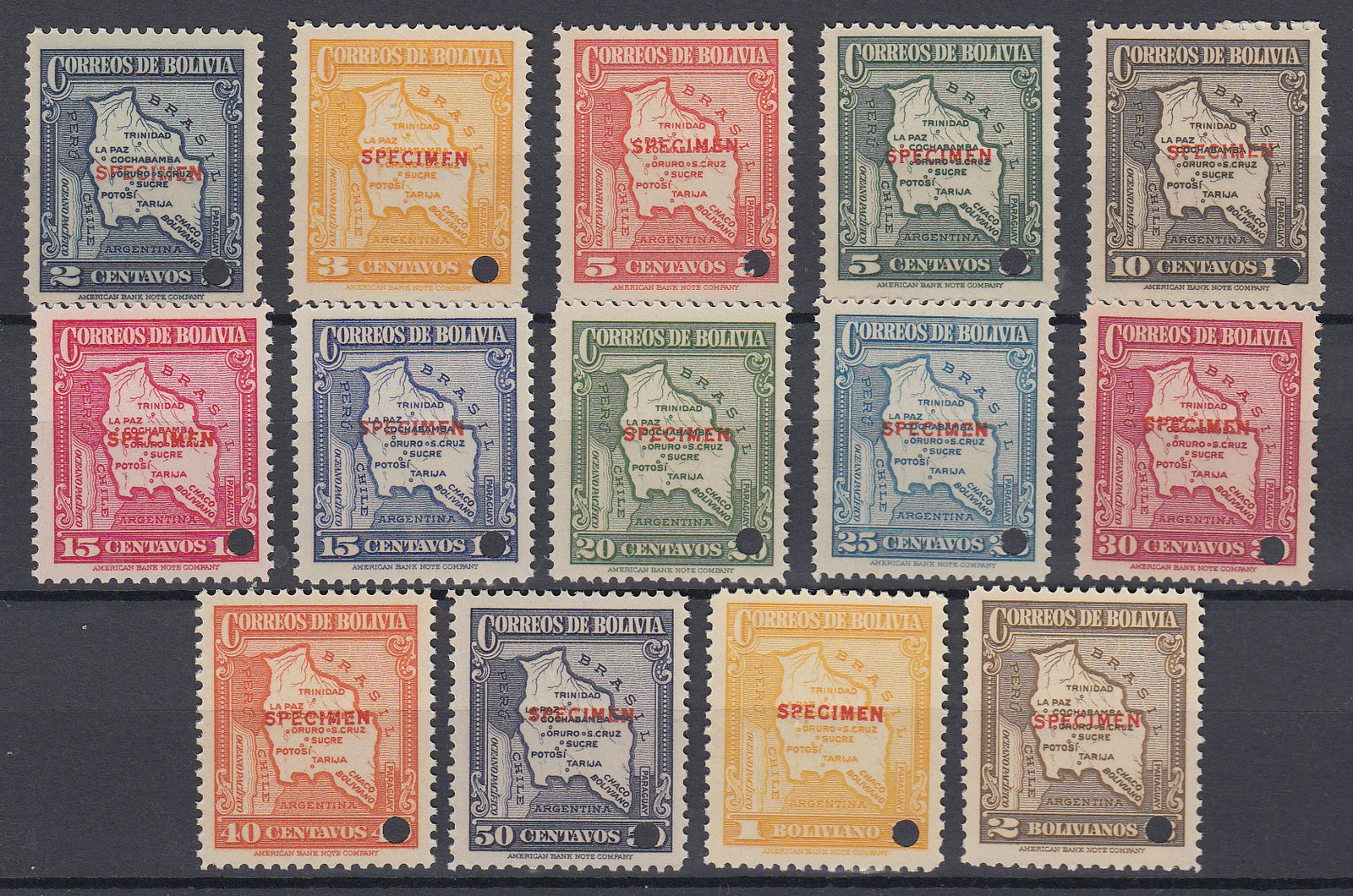 Bolivia 1935 Complete Set with Specimen overprint. MNH. Scott 219-232var