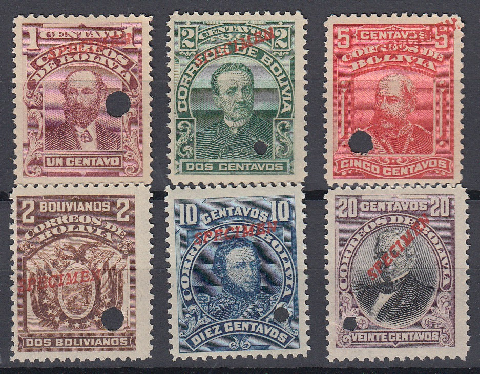 Bolivia 1901-02 Complete Set with Specimen overprint. MNH. Scott 70-76var
