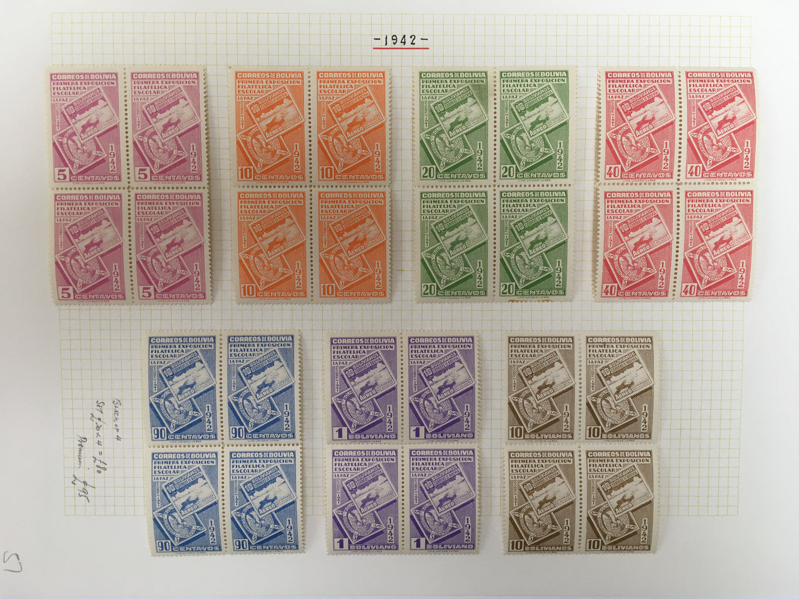 Bolivia 1942 Philatelic Exposition Complete Set in Blocks MNH. Scott 274-280