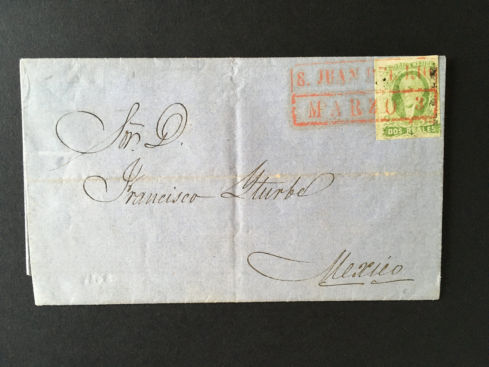 Mexico 1856 Dos Reales Yellow Green on 1858 Entire, Cancelled By San Juan Del Rio Handstamp