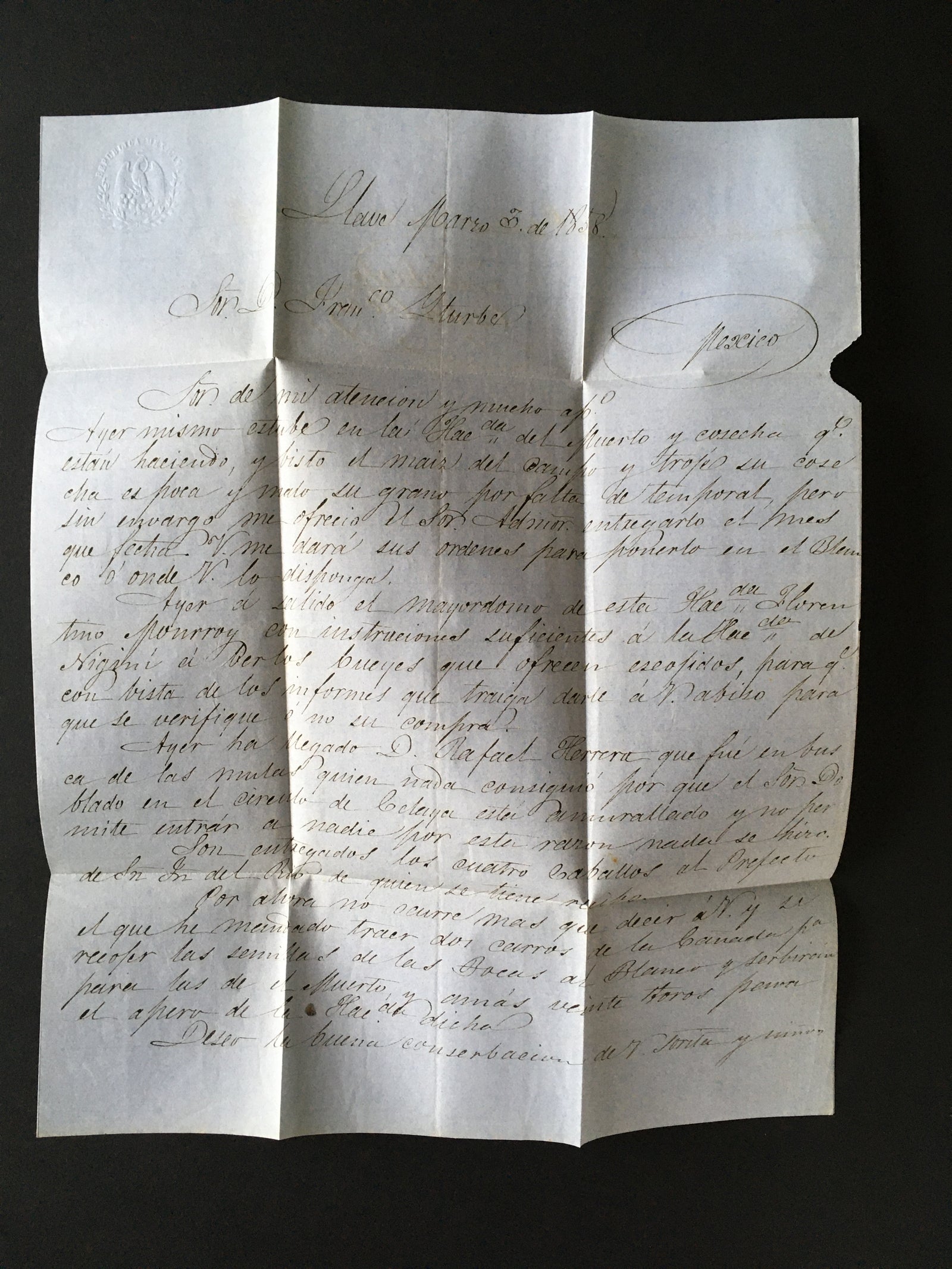 Mexico 1856 Dos Reales Yellow Green on 1858 Entire, Cancelled By San Juan Del Rio Handstamp