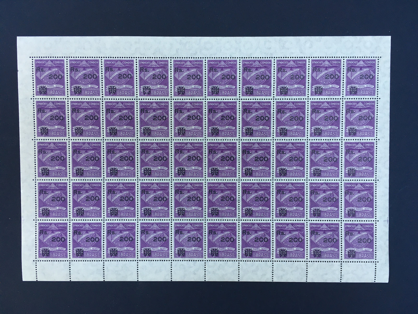 Brazil 1930 200r on 3000r Syndicato Condor Airmail Complete Pane x 50 MNH. Scott 1CL11