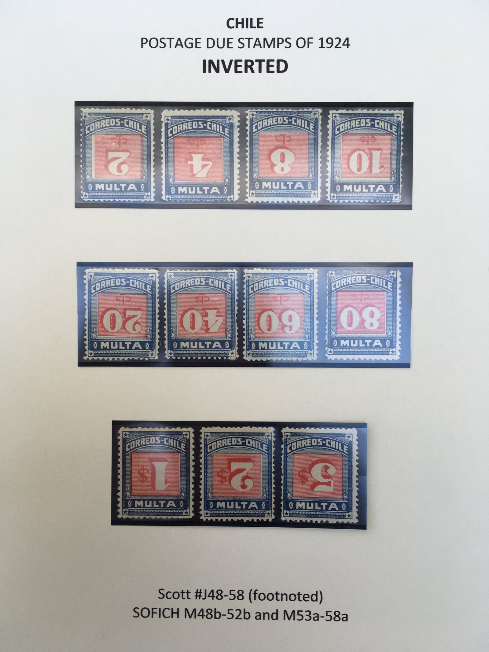 Chile 1924 Postage Due Complete Set Inverted. Scott J48-J58