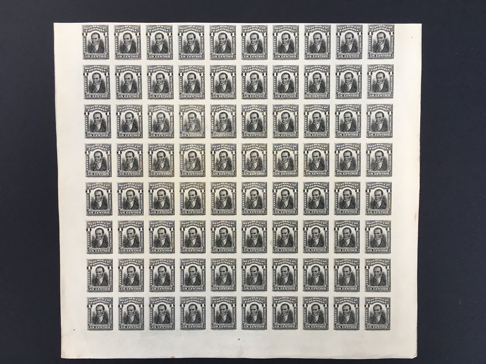 Colombia 1917 1c Plate Proof Sheet in Black x 80. Scott 340 var