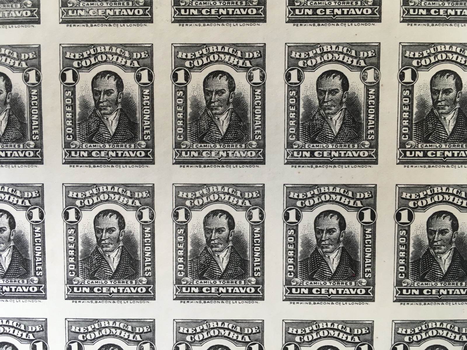 Colombia 1917 1c Plate Proof Sheet in Black x 80. Scott 340 var