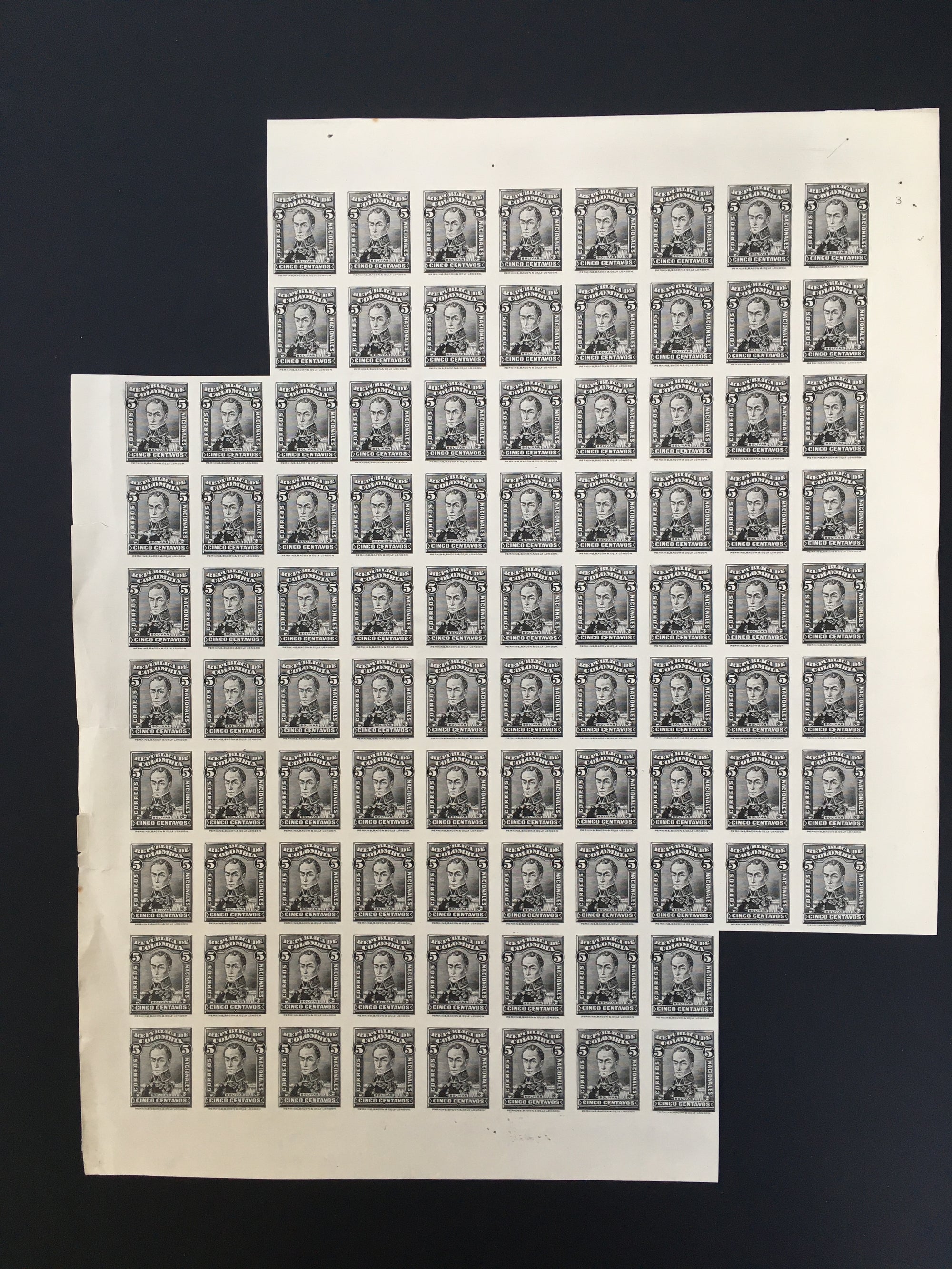 Colombia 1917 5c Plate Proof Sheet in Black x 92. Scott 343 var