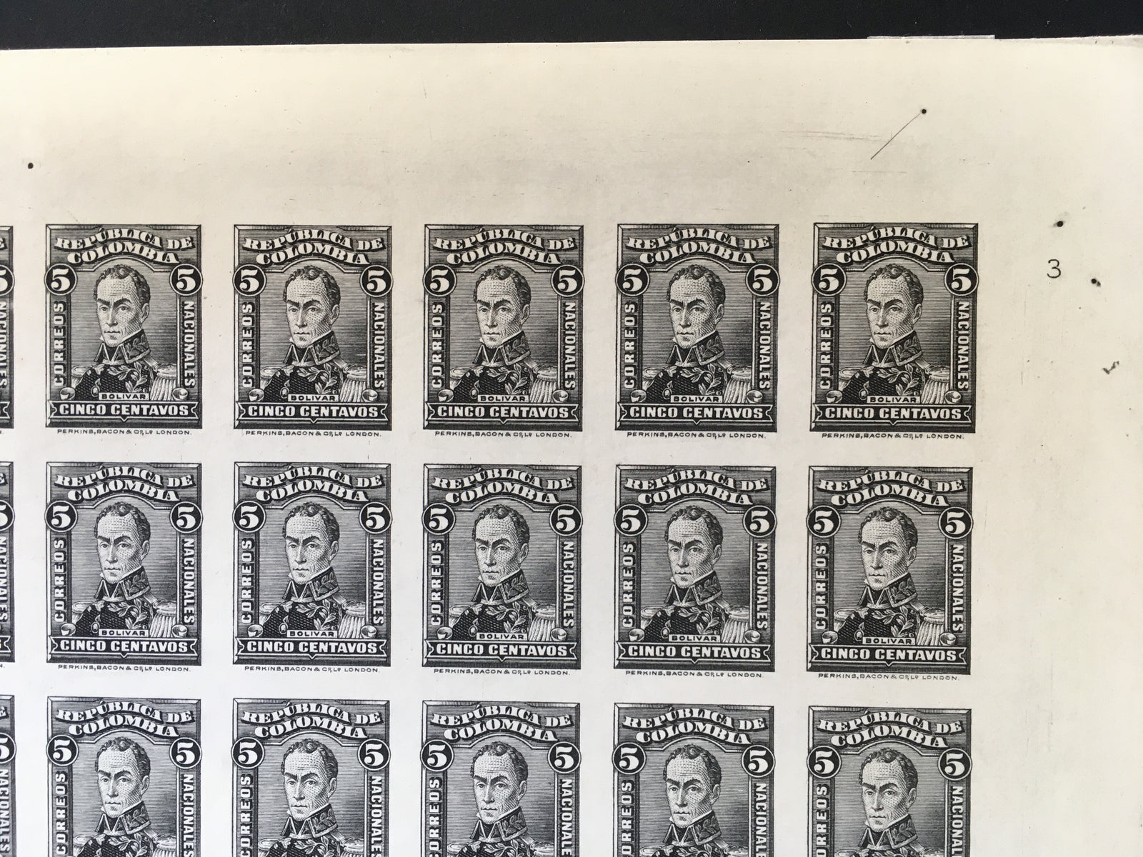 Colombia 1917 5c Plate Proof Sheet in Black x 92. Scott 343 var